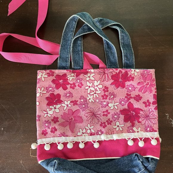 Denim Purse with Pink Floral Fabric - Picture 1 of 4